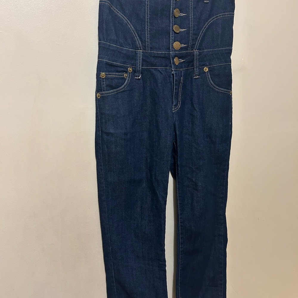 Redhead Corset Denim Capri Overalls M Front Button Laced Back Dk Blue